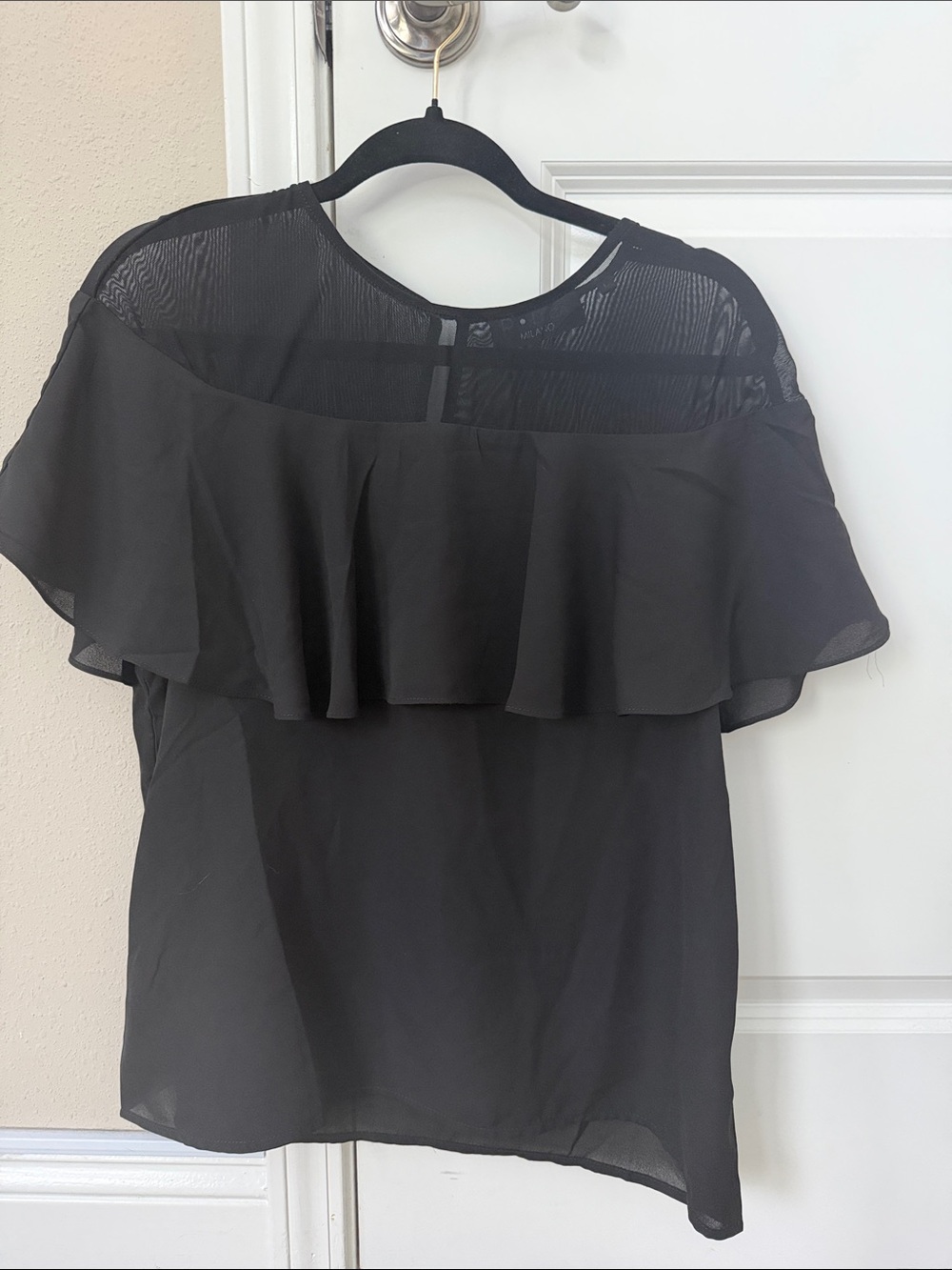 Sheer Yoke Black Ruffle Blouse